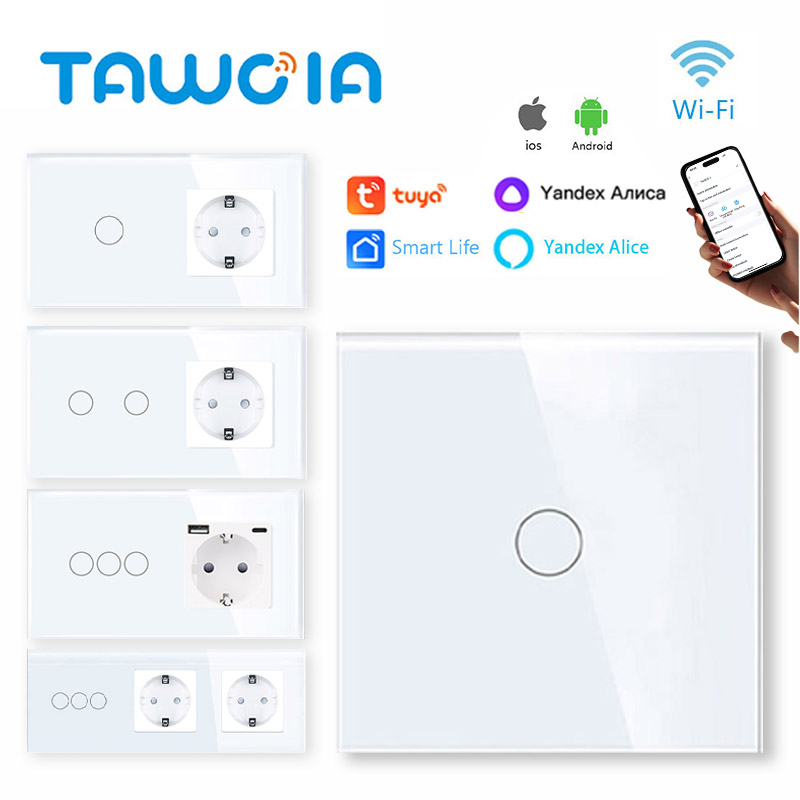 TAWOIA WiFi タッチスイッチ壁ライトスイッチ EU ソケット USB Type-C プラグ Tuya スマートライフ Alexa Yandex アプリ制御ガラスパネル