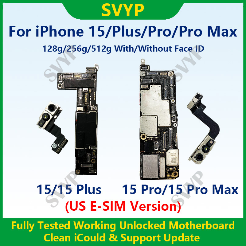完全にテスト済みの 100% 動作するメインボード iPhone 15 Pro Max マザーボード、Face ID ロック解除およびクリーニング済み iCloud US E-SIM バージョン付き