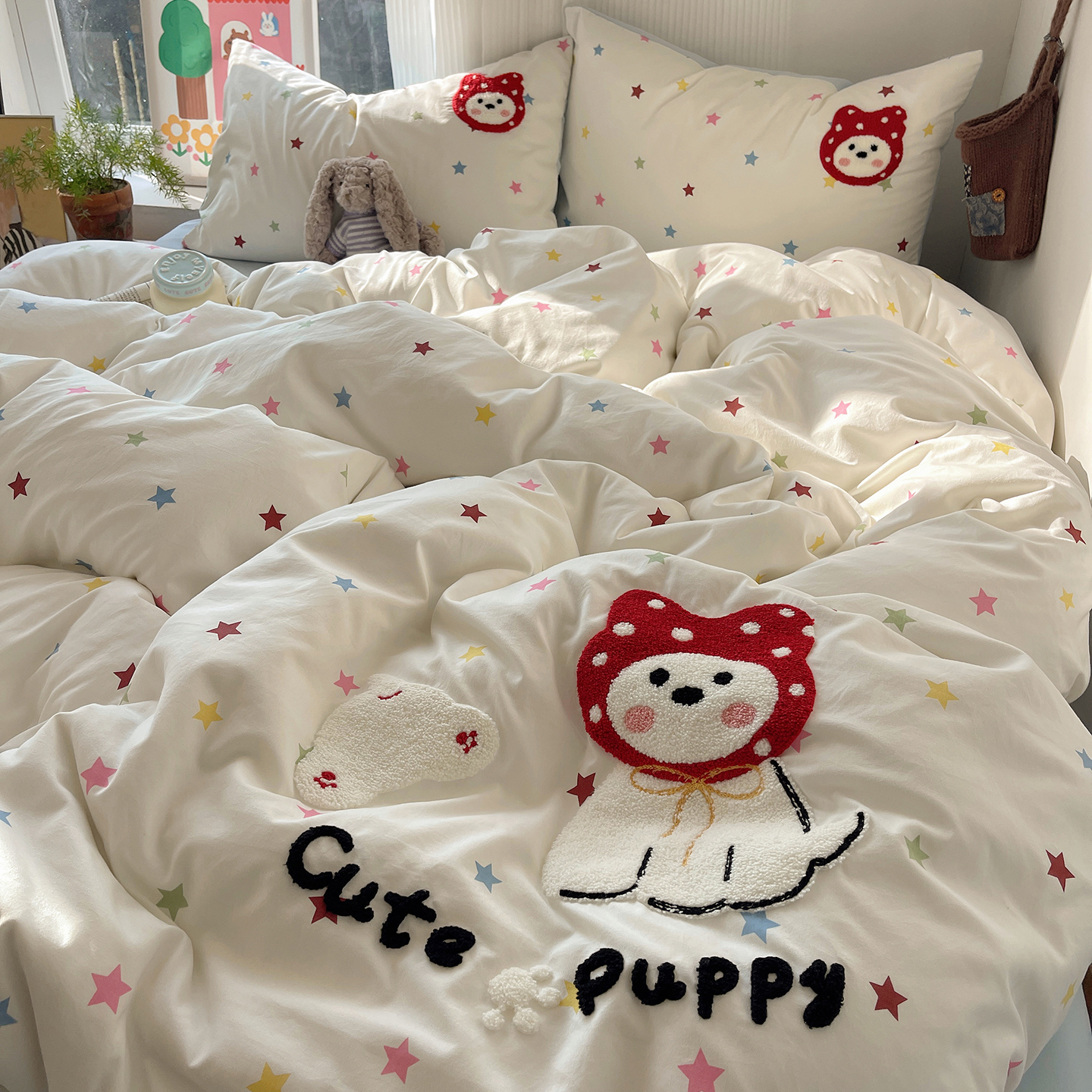 かわいい子犬タオル刺繍寝具セットとコンポーネント布団カバー枕カバー付きベッドシーツベッドリネンセット女の子子供用