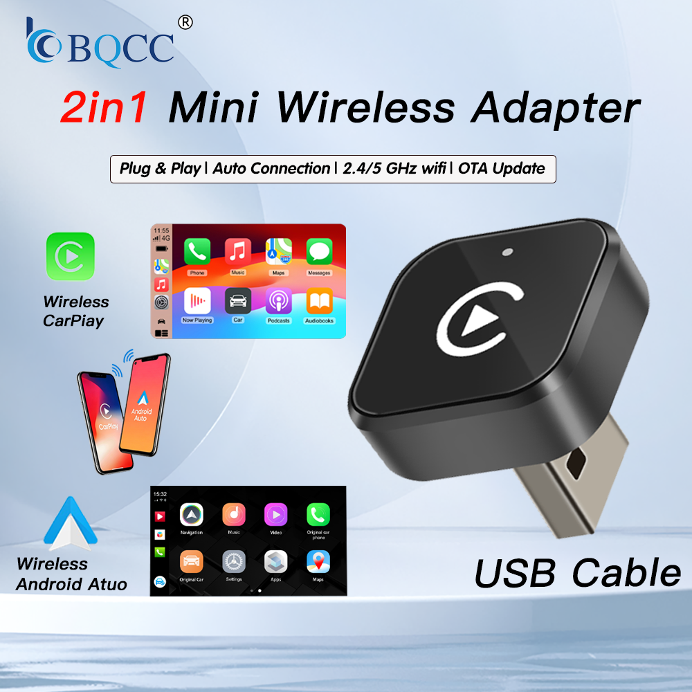 BQCC 新しい有線 - ワイヤレス CarPlay および Android Auto 2 in 1 ミニアダプター 5GHz WiFi 99% オリジナル有線 CarPlay/自動車用