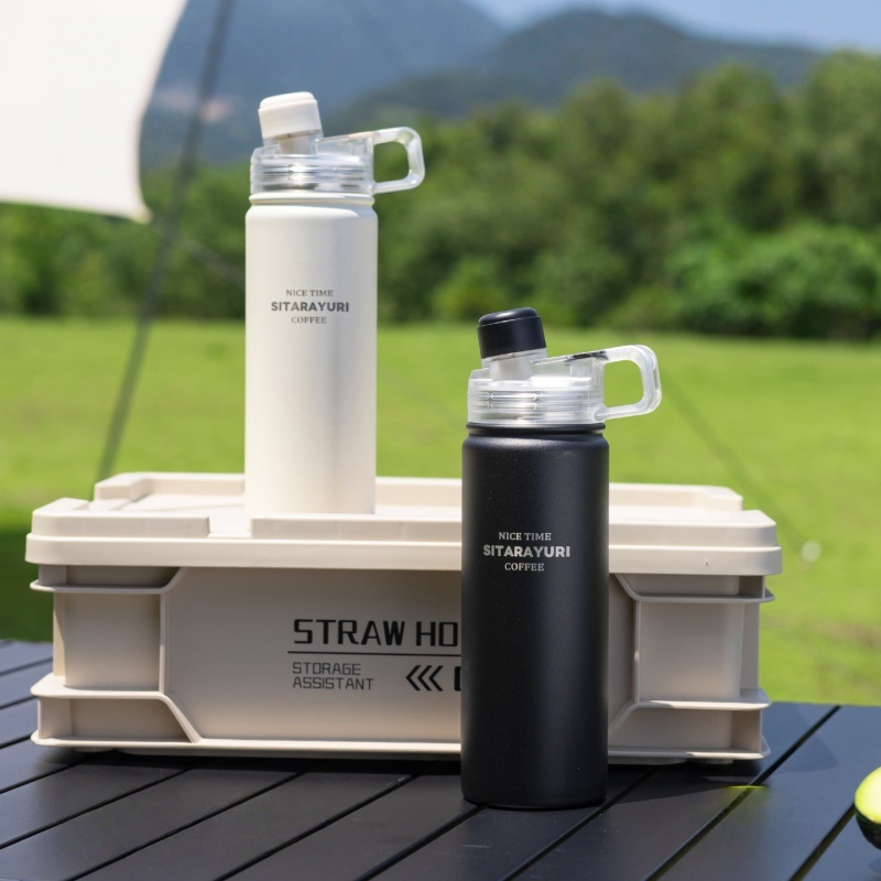 1pc 600ml ステンレススチールデュアルドリンク断熱ウォーターボトル、キャリーループ付きミニマリスト磁気蓋、アウトドアスポーツにポータブル
