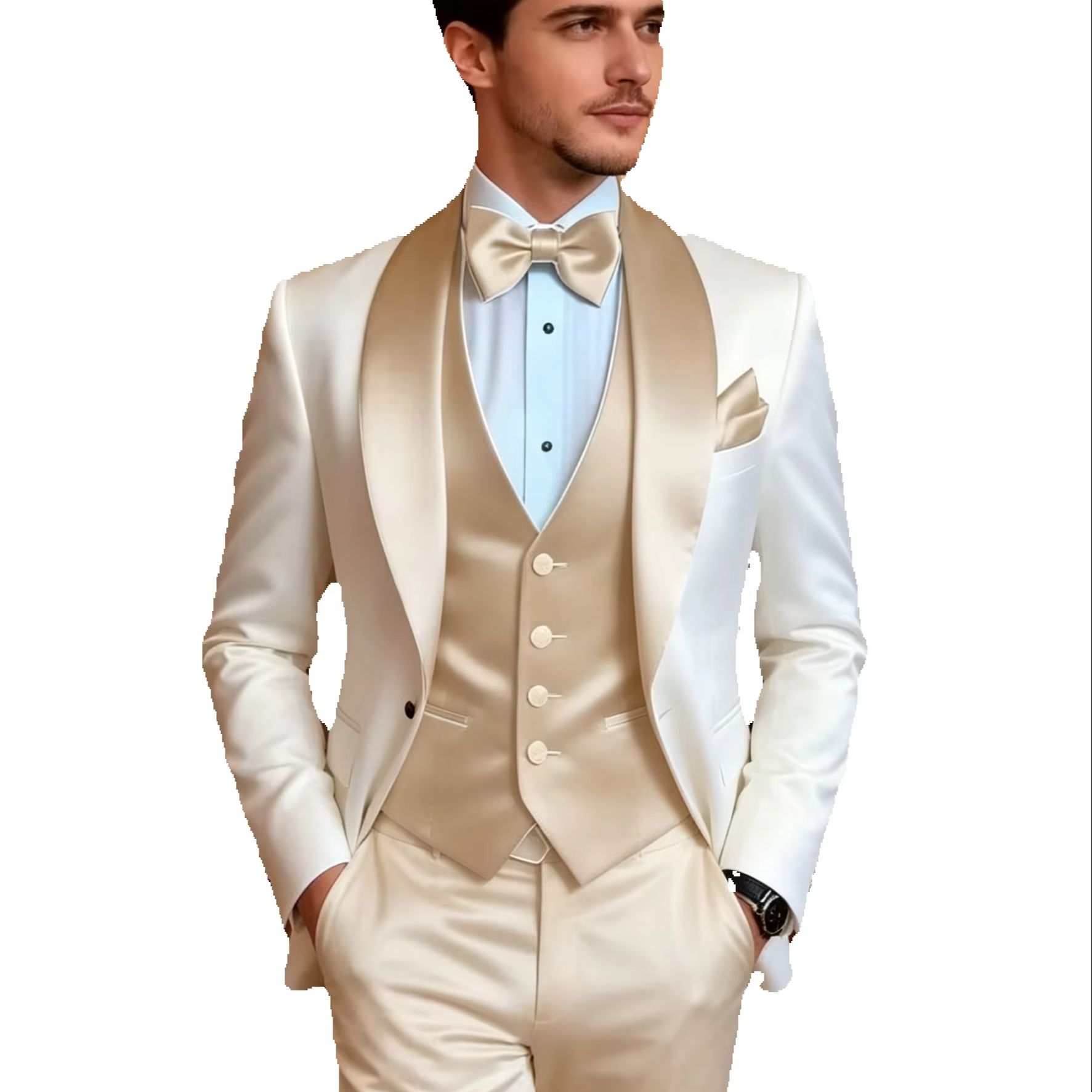 エレガントなカーキのタキシードスーツ男性用 3 点セットジャケットベストパンツクラシックな服装結婚式デートホストプロムボールパーティードレス