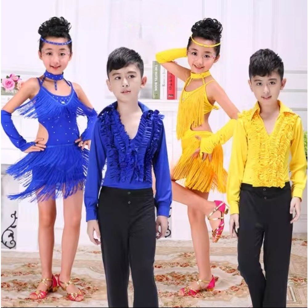 ラテンダンスドレスパフォーマンス衣装男の子セットダンスウェアステージ子供服パーティー子供服タッセル練習ユニフォーム
