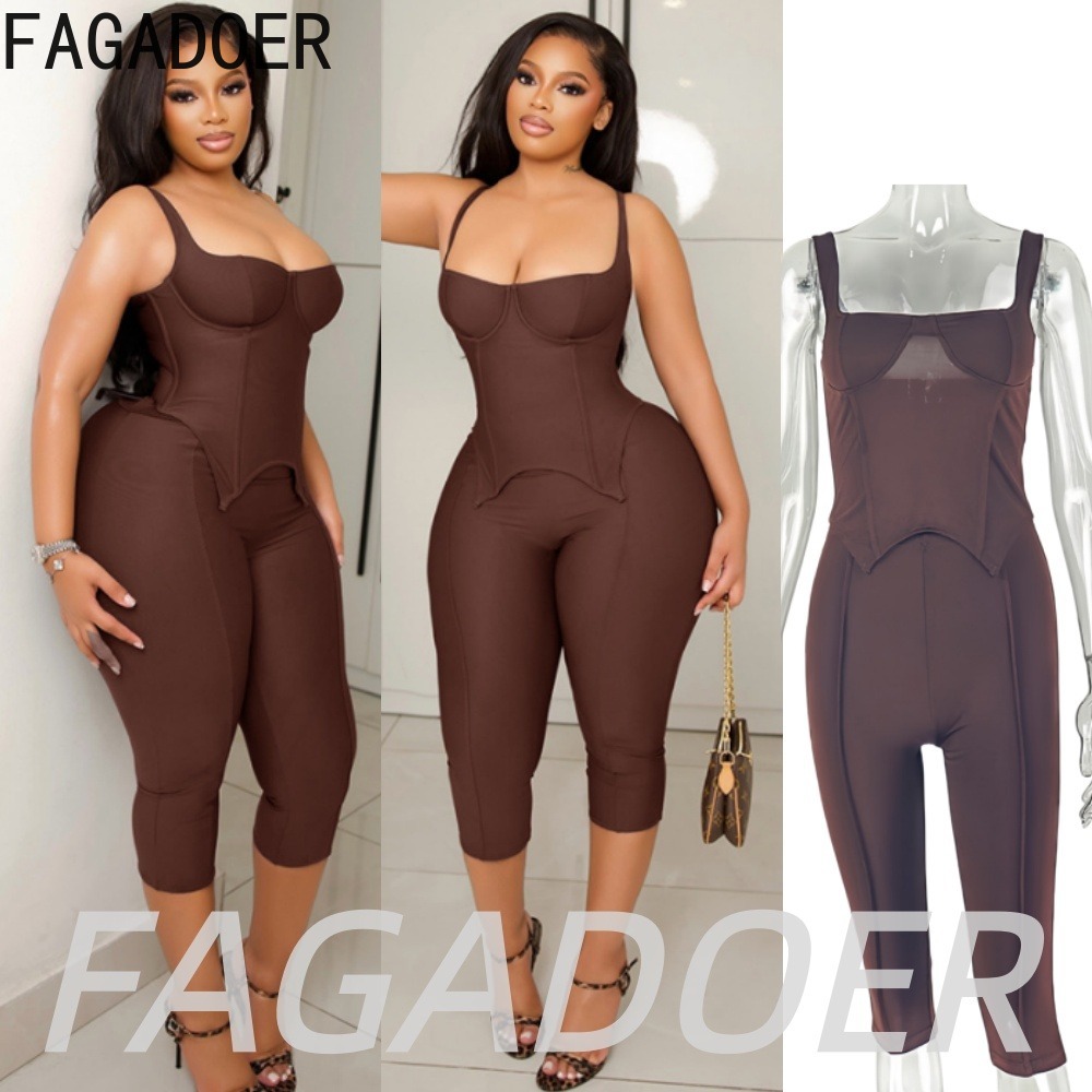 FAGADOER セクシーなブラウンボディコンツーピースセット夏のホットガールコルセットオフショルダークロップトップとカプリパンツ衣装ストリートスーツ