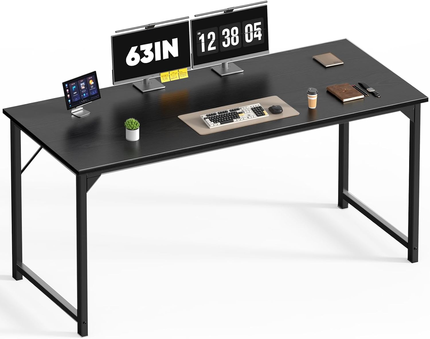 ホームオフィス用63インチコンピュータデスク、金属フレーム付きライティングスタディゲームテーブル、大型PCワークステーション、ウッドブラック