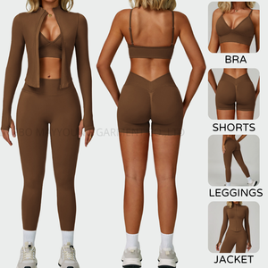 レディース 4点セット スポーツウェア セット ボディラインを美しく見せる 背中が美しい ネックラインタイプ ブラ ショート丈 ヨガウェア アウトドア ランニング ジム フィットネス 冬用