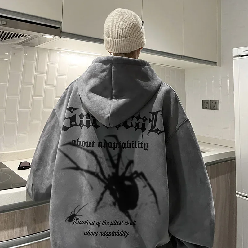 秋ゴシックスパイダープリントフード付きスウェット Hombre 原宿ストリートグラフィックスエードパーカー美的特大 Y2K パーカー