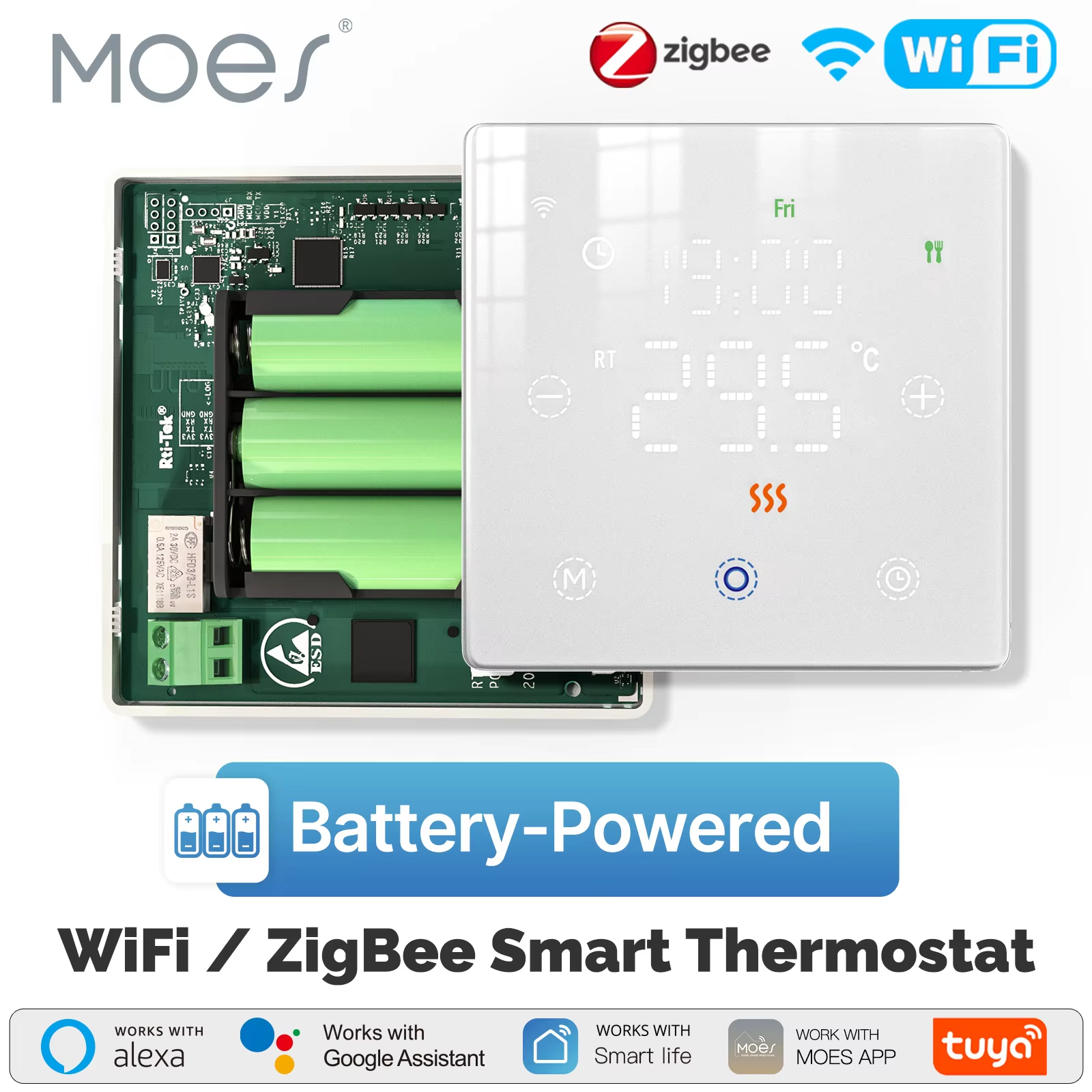MOES Tuya WiFi/ZigBee スマート サーモスタット バッテリー駆動サーモレギュレーター ガスボイラー温度コントローラー by Alexa Google Home