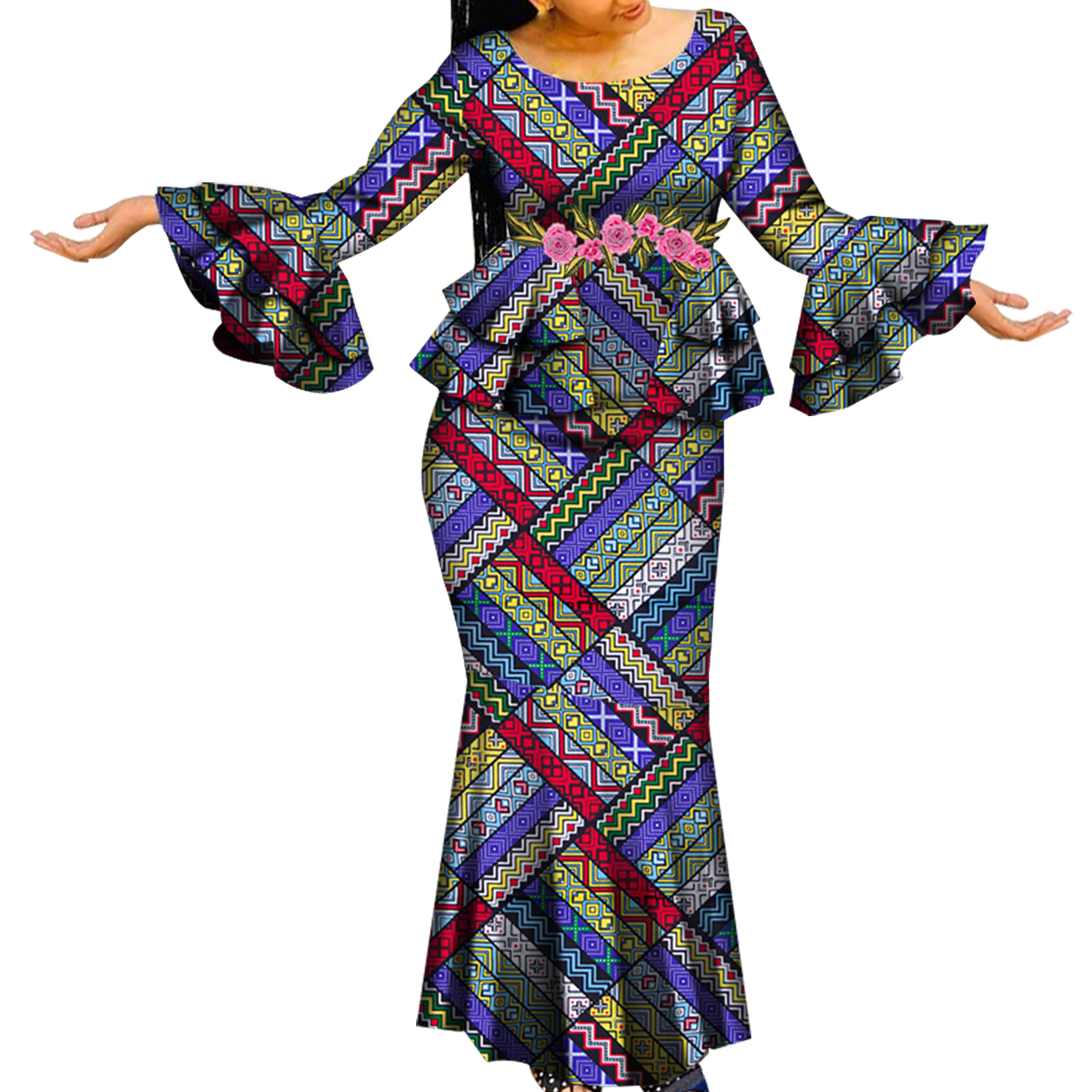 アフリカのドレス女性アフリカプリント服フレアスリーブフリルトップスとロングスカート Dashiki WY6636