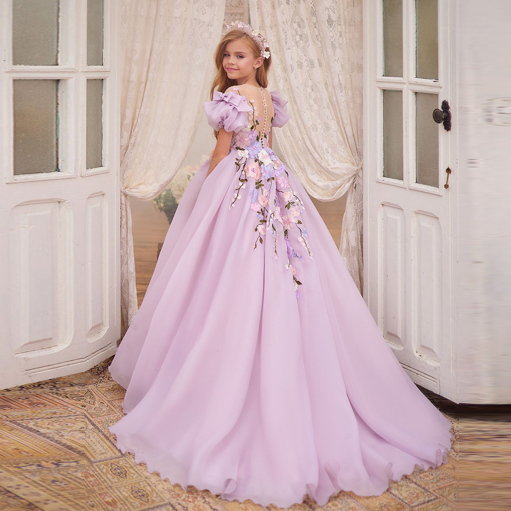 紫色のフラワーガールのドレス結婚式のアップリケ半袖ふわふわチュールと弓の子最初の聖体誕生日パーティードレス