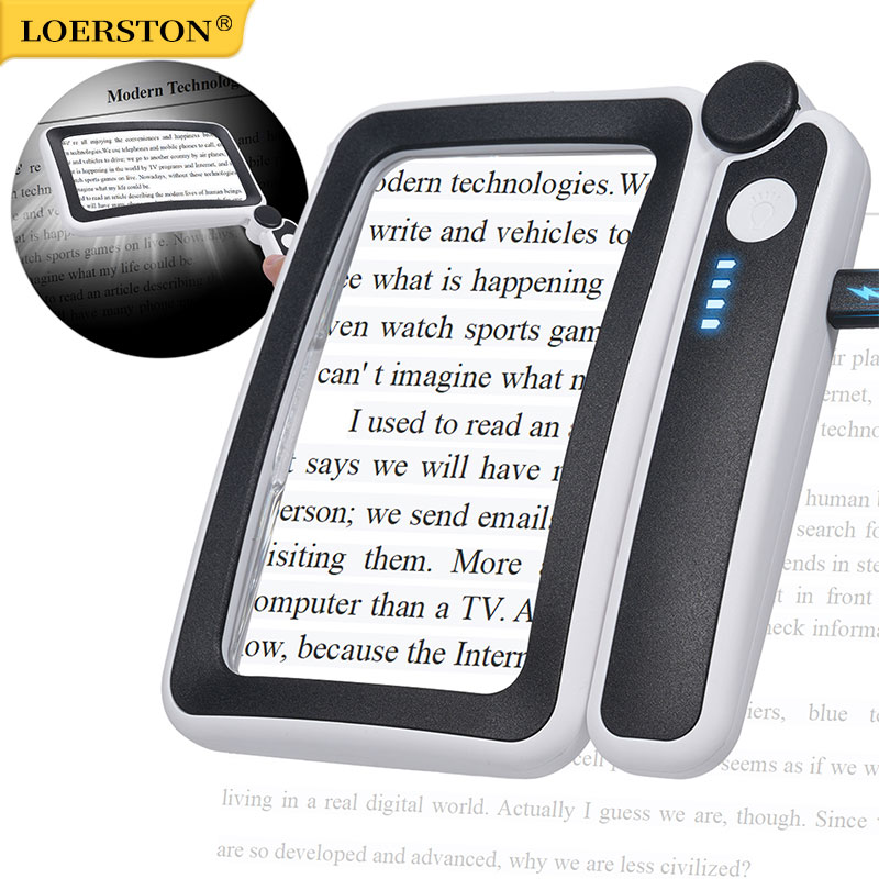 USB 充電式 4X 大型拡大鏡 LED ライト付き手持ち拡大鏡読書ルーペ拡大鏡ランプ