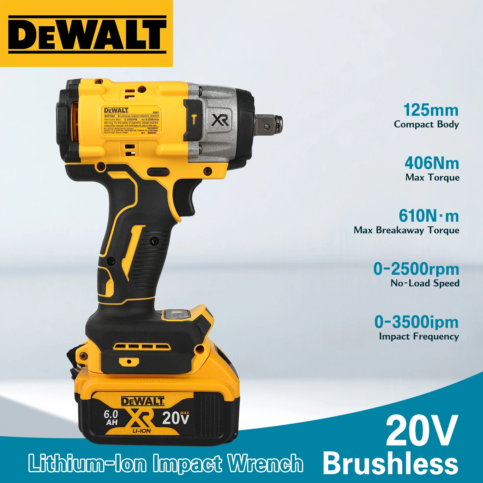 DEWALT DCF922 20V コードレスインパクトレンチ |逆トルク 205Nm 1/2 インチ ドライブ | 2500 RPM ネイキッド ツール