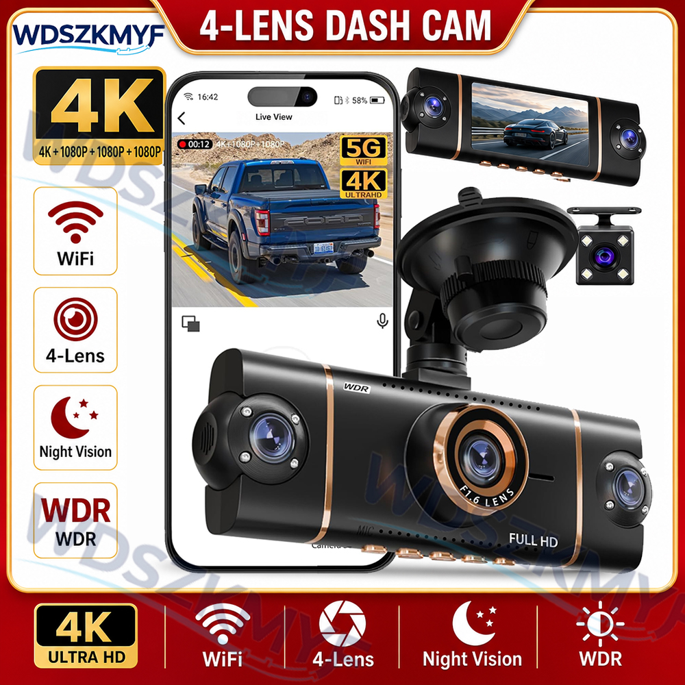 360° 4K 1080P カーダッシュ 4 チャンネル車 DVR UHD カム WIFI アプリビデオレコーダーフロントリアビューナイトビジョン 4K ブラックボックス