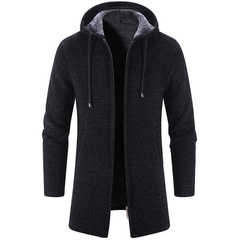 2023 冬フリースカーディガン男性厚いフード付きロング Sweaterscoat 男性暖かいニットセータージャケット男性因果生き抜くウインドブレーカー