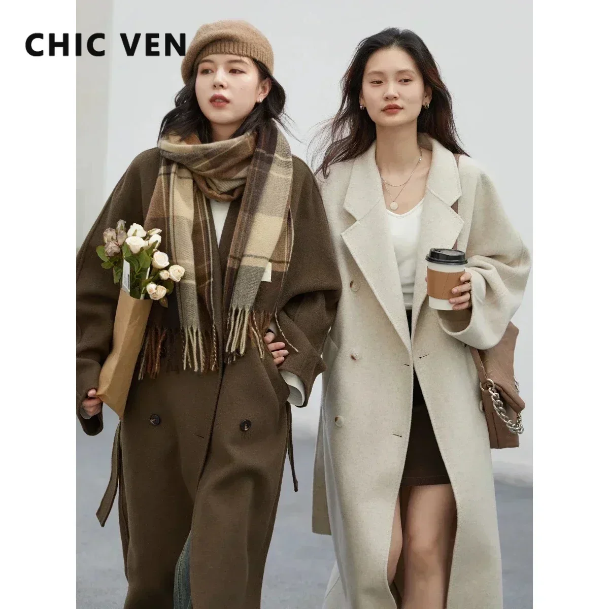 シック VEN 女性ロング両面ウールコートレトロルース女性オーバーコートダブルブレストレディース防風秋冬 2026