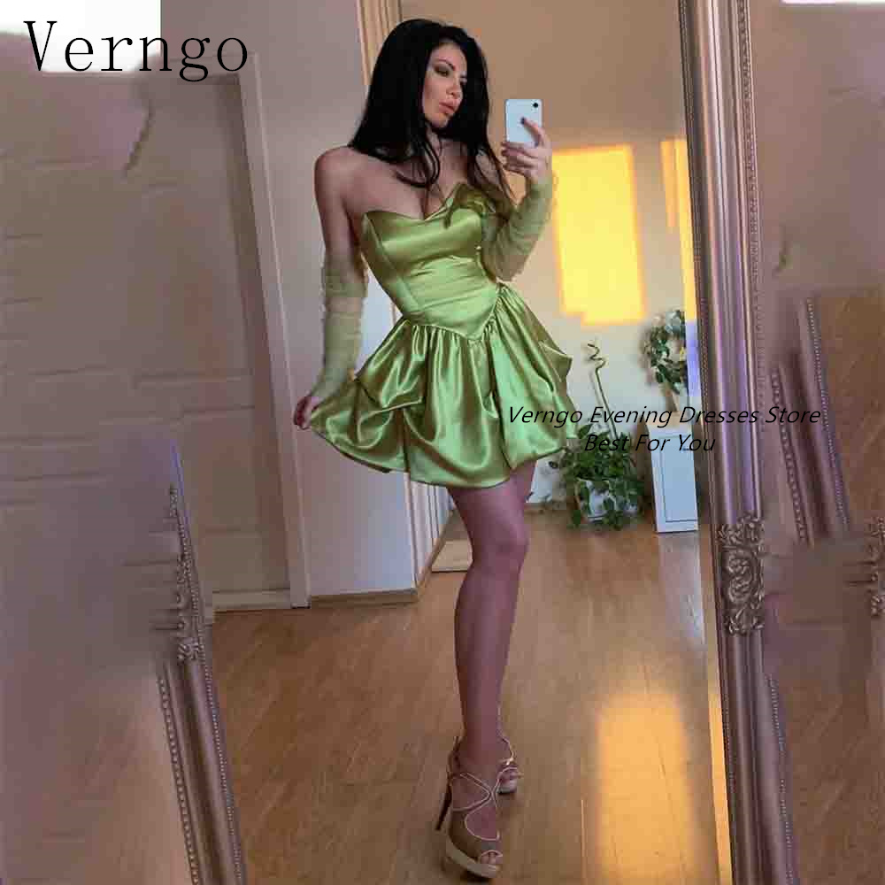 Verngo グリーンミニウエディングドレスストラップレス A ラインショートイブニングドレス女性のためのシンプルなフォーマルイベントドレスウエディングドレス