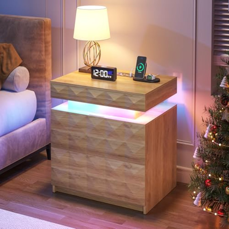 充電ステーション付き LED ナイトスタンド 3 つの引き出し ロック可能な隠し収納 人感センサーと RGB アンビエント Li を備えたスマート ベッドサイド テーブル