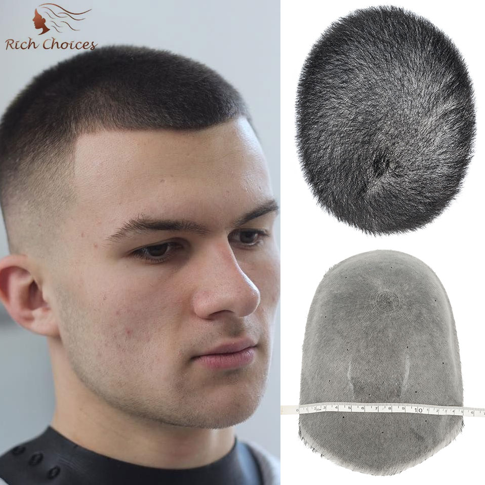 5 × 7/6 × 8 ショートバズカットヘア男性かつら薄皮 PU 人毛システム男性用交換システム男性の毛細管プロテーゼ