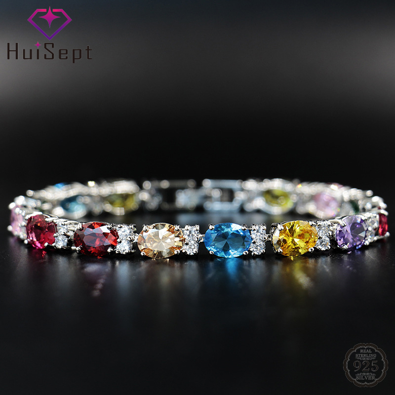 HuiSept 高級チャームブレスレット 925 シルバージュエリーカラフルなトパーズ宝石アクセサリー女性のための結婚式婚約パーティーブレスレット
