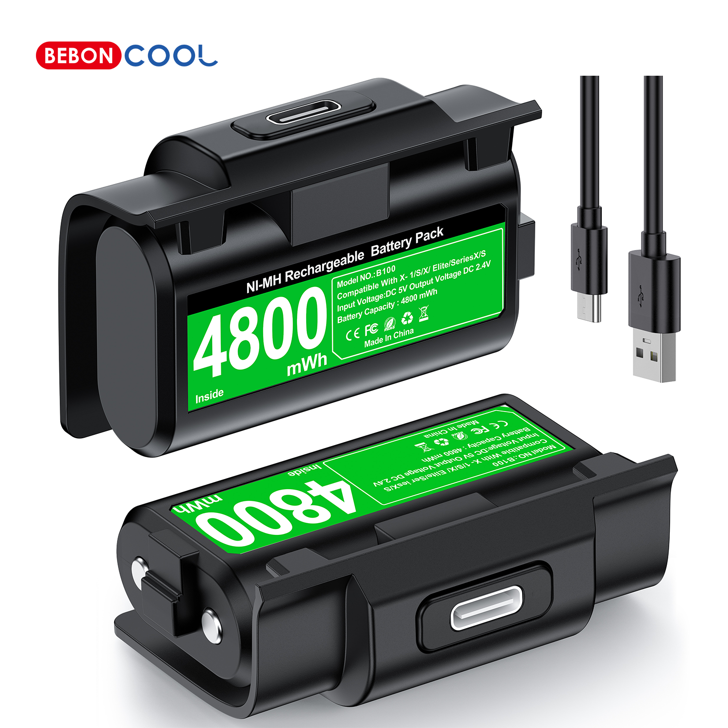 BEBONCOOL B100 2 X4800mWh 充電式バッテリー Xbox シリーズ X/S/Xbox One S/X コントローラーバッテリーと充電ケーブル