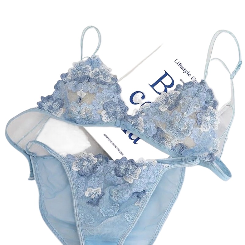 Ultra-thin Breathable  Heavy Industry Embroidered Lace Underwear Women's Small Breasts Gather Sexy and Comfortable Bra Cover Set