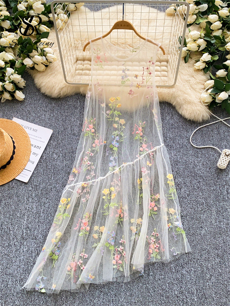 SINGREINY ホリデー花刺繍ロングドレス 2026 女性 O ネックノースリーブルーズ不規則な夏フレンチメッシュボヘミアンサンドレス
