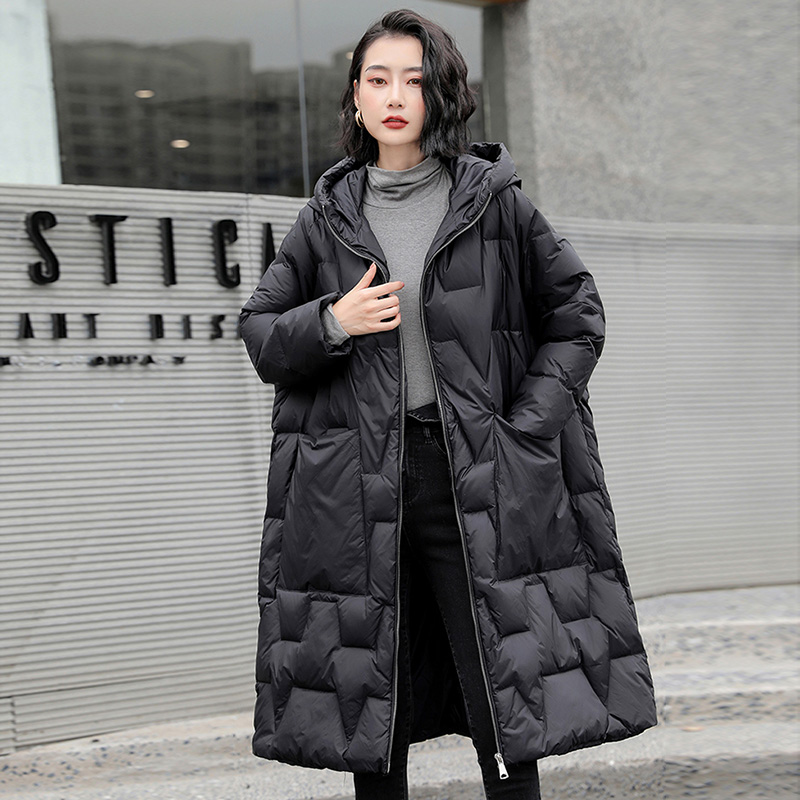 冬ロングオーバーサイズアヒルダウンコート女性ファッション暖かいポケットフード付きジャケット秋カジュアル黒パーカー