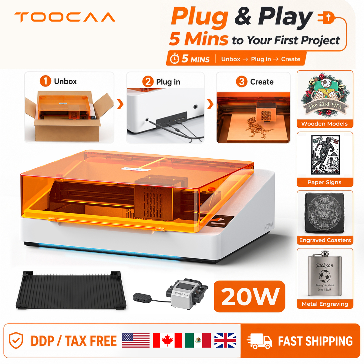 TOOCAA NOVA 20W 初心者向けレーザー彫刻機、スマート エア アシスト付き