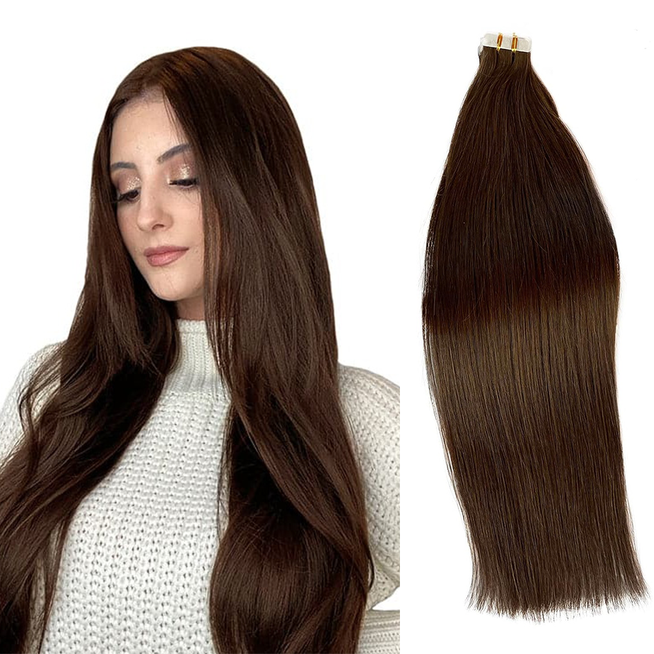 テープでヘアエクステンションブラジル 100% レミー人毛ダークブラウン 22 24 インチ不可視ストレート 12A 髪 40 個サロン