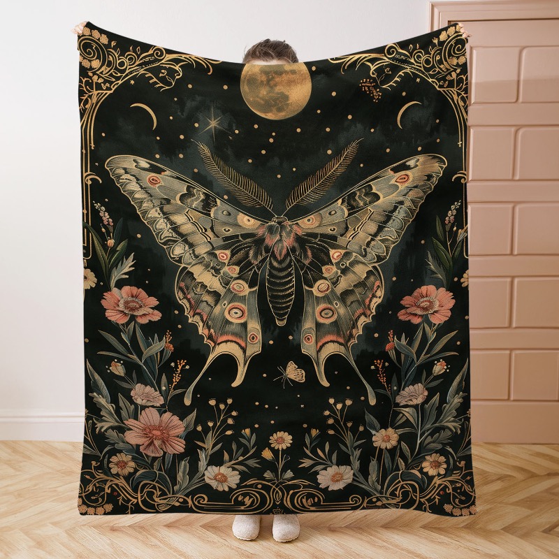 Celestial Moon Moth 花柄プリントフランネルブランケット - ベッド、ソファ、オフィス、キャンプ用の柔らかく快適なスロー