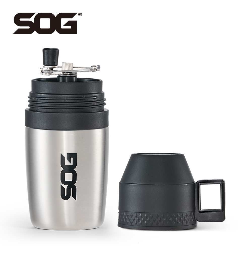 SOG 350ml 2-in-1 ポータブルコーヒーグラインダー ステンレススチールカップ付き ハンドミル 小型手動豆破砕機 旅行キャンプ用品