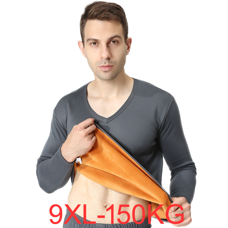冬フリース厚みのあるトップス大きいサイズ 6XL 7XL 8XL 9XL メンズ熱下着トップス V ネック長袖黒ワインレッド綿トップス