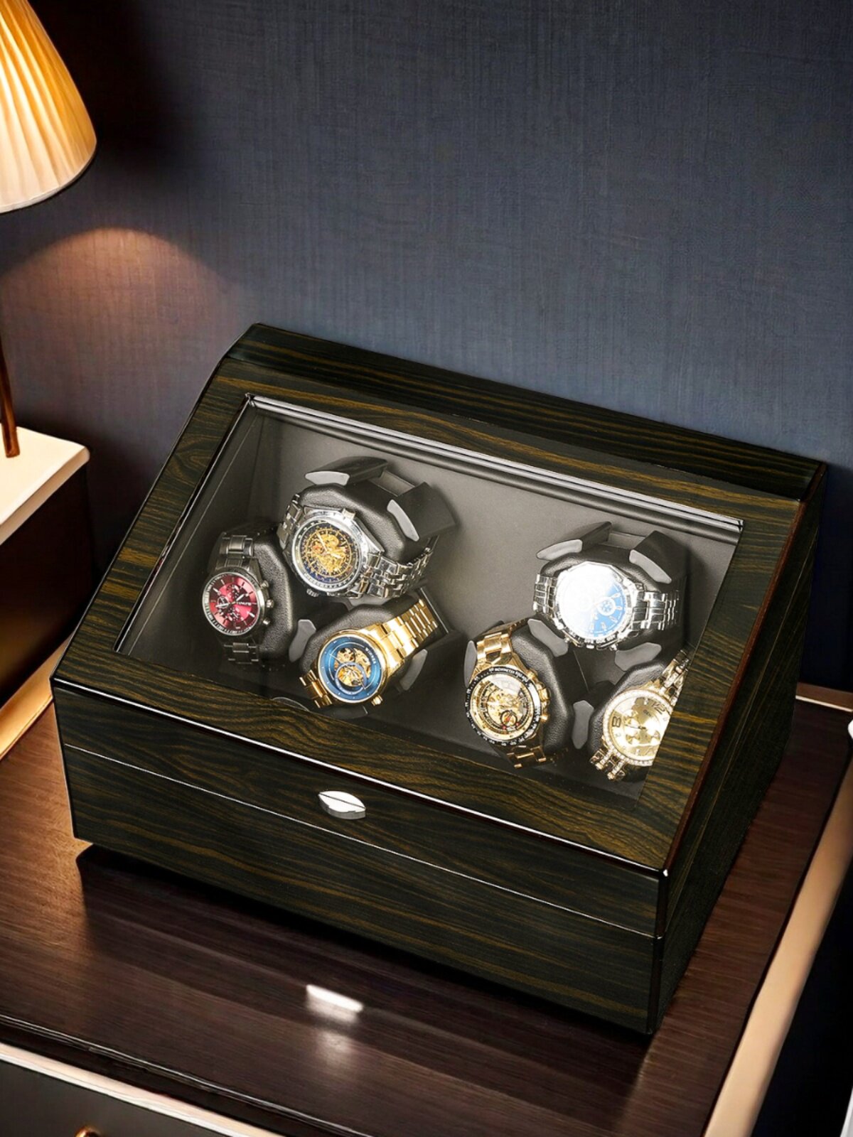 Premium Ebony Wood Watch Winder 3/6 Rotating Slots + 3/6 Storage with LED Light 5 Modes Silent Watch Box for Automatic Watches