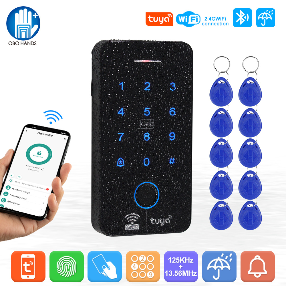 WiFi Tuya 指紋アクセスコントローラー屋外防水スタンドアロン RFID キーパッドシステム 125KHz 13.56MHz WG26 スマート APP ロック解除