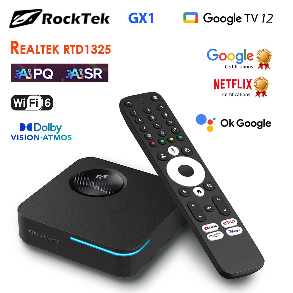RockTek GX1 UHD Google TV 12 ボックス Netflix Google 認定 4GB 32G Realtek1325 サポート Dolby Atmos 2T2R Wifi6 BT5.2 Android TVBox