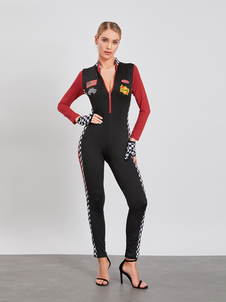女性レーサーコスチュームハロウィンコスプレ服長袖ジッパーパッチワークスリムジャンプスーツ女性オートバイロンパースストリート