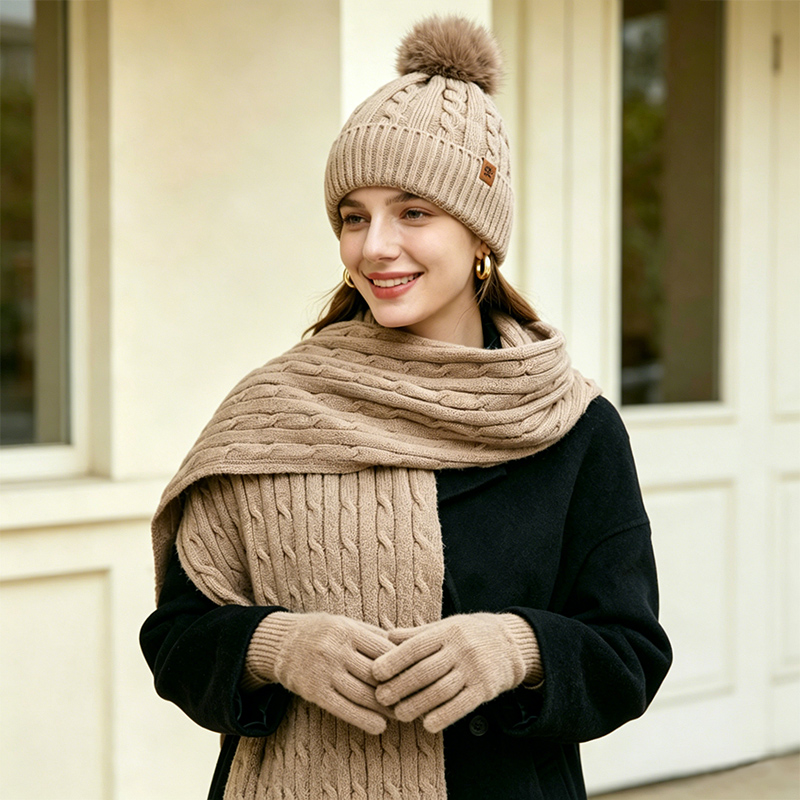 Women's New Autumn and Winter Style Versatile High-End Warm and Cold-Proof Scarf, Hat, and Gloves Three-Piece Set