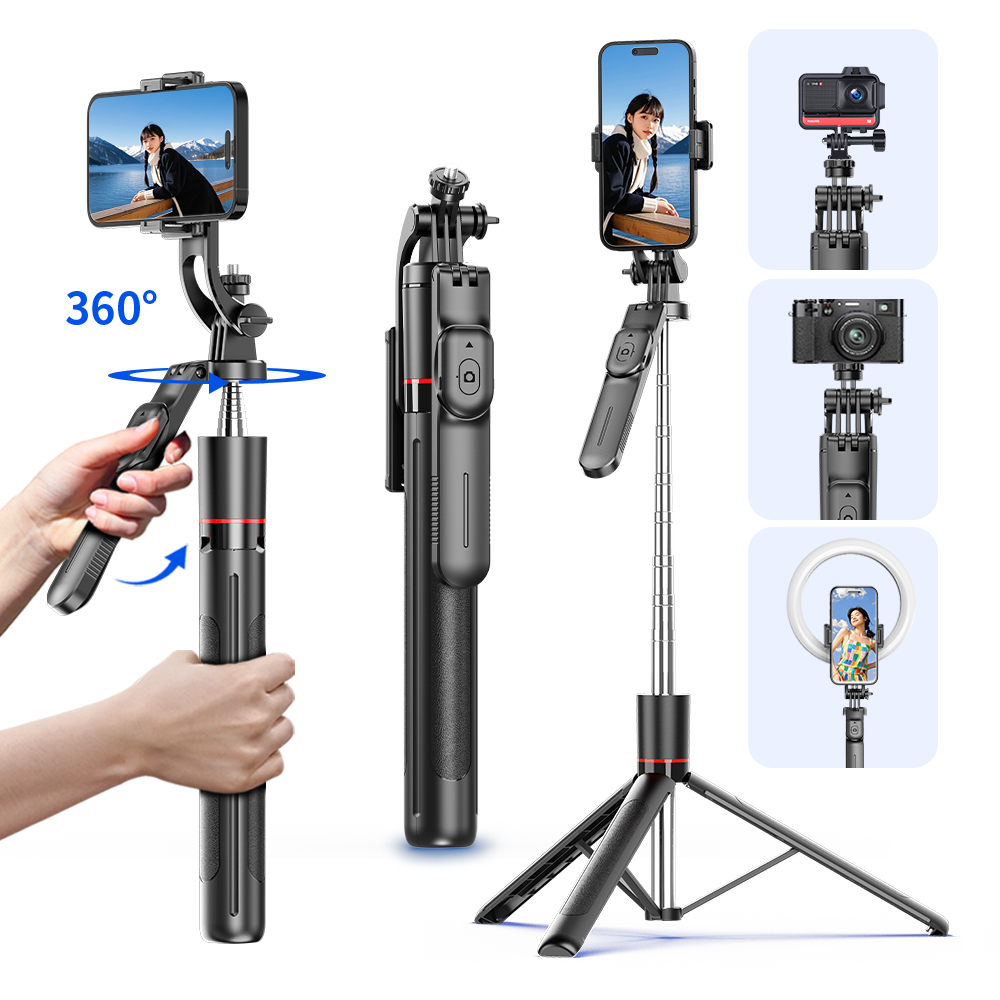 F16 自撮り棒三脚、長さ 1708mm 8 セクションポール、Bluetooth リモート、360° 回転、1/4 インターフェイス、電話カメラ Vlog 用