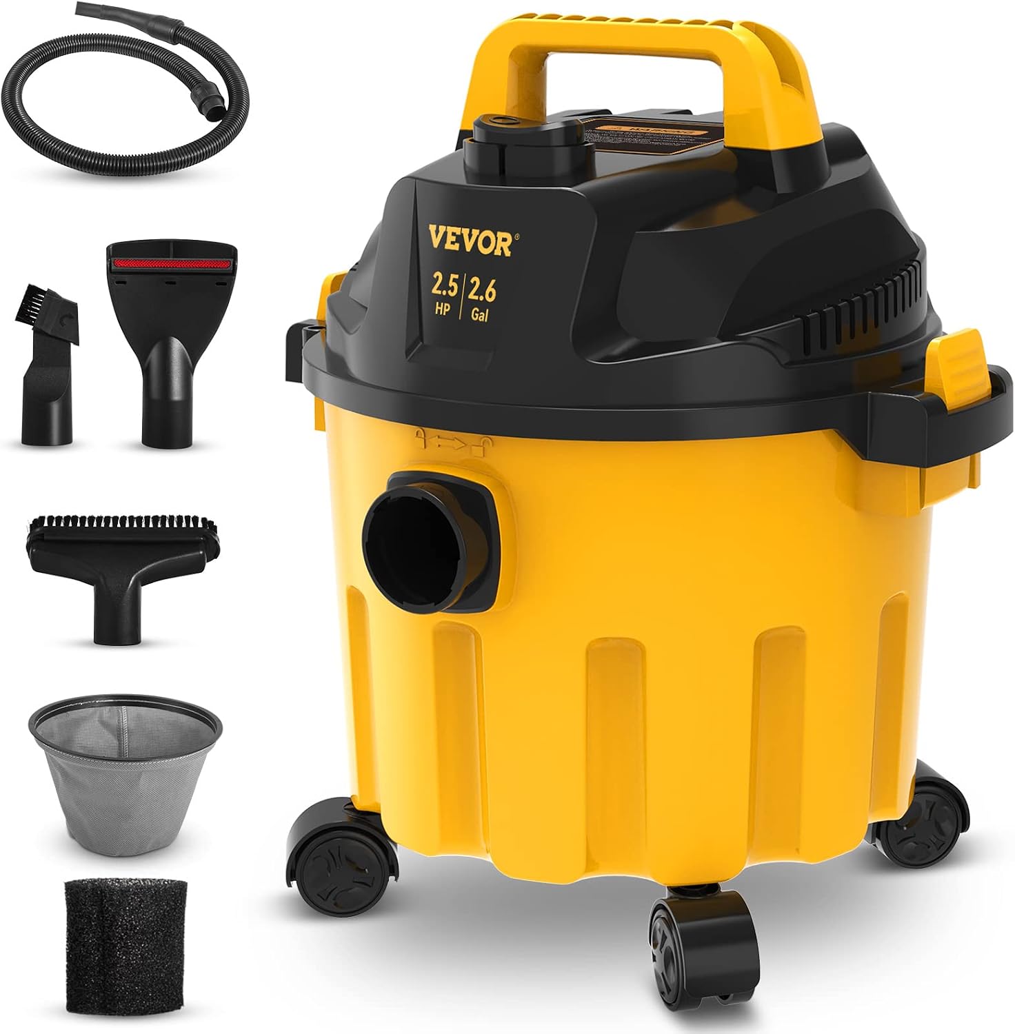 Torvani Store VEVOR 2.6 ガロン 2.5 ピーク HP ウェットおよびドライ ショップ Vac、ポータブル ショップ掃除機およびブロワー 3-in-1 フィルター、ホース、アタッチメント付き、家庭および車のクリーニング用 ブラック/イエロー