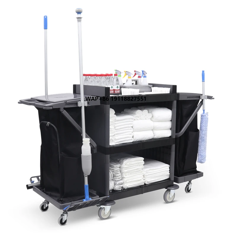 ホテルプラスチック清掃用クリーニングカート商業用クリーニングハウスキーピングトロリー車輪付きルームサービスカート