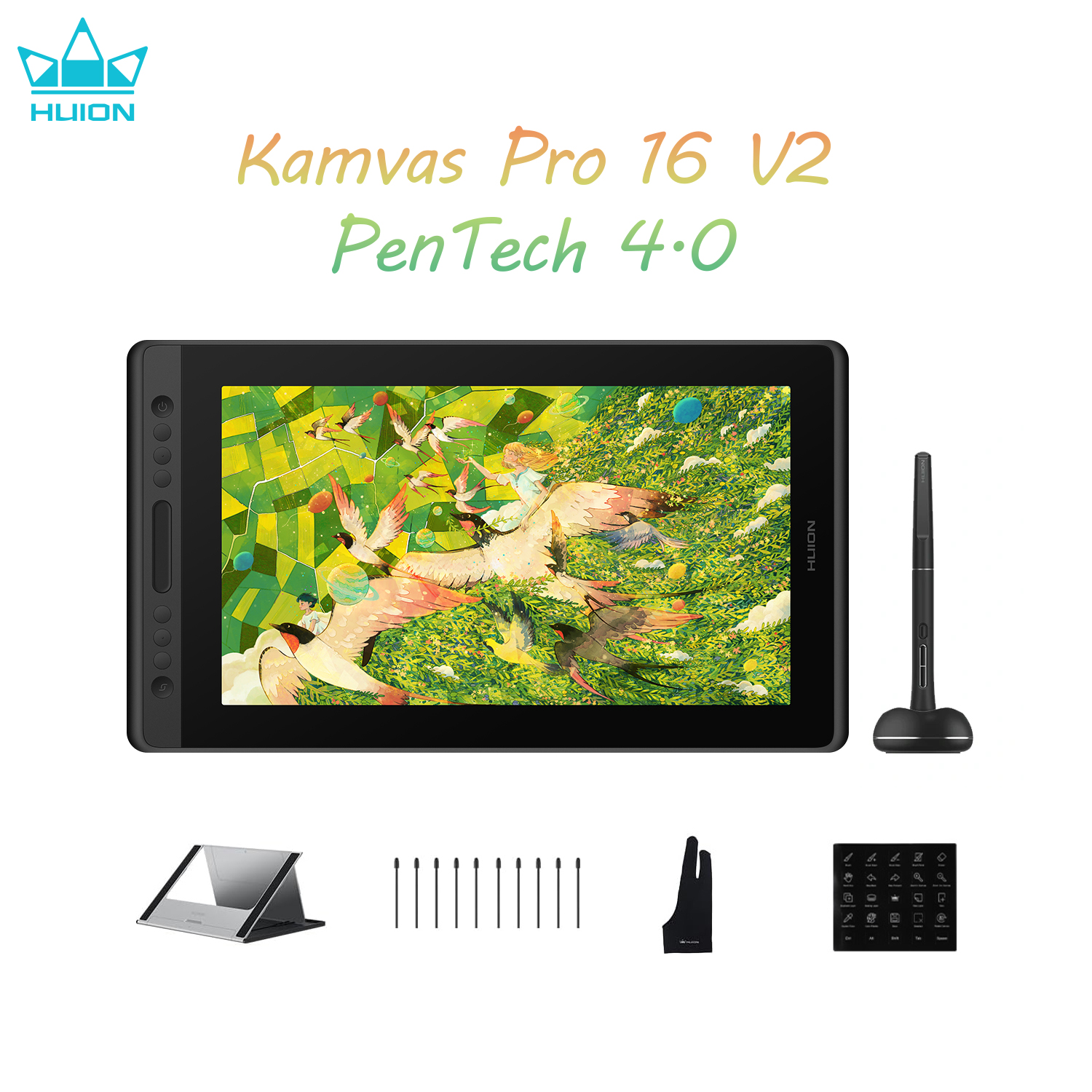 Huion Kamvas Pro 16 V2 グラフィックス タブレット 15.6 インチ ディスプレイ PenTech 4.0 スタイラス 16K レベル圧力、第 2 世代アンチグレア エッチング ガラス