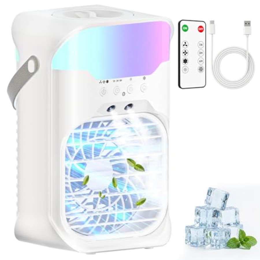 寝室オフィスキャンプ用ポータブルエアコン、デュアルノズル付き蒸発ミニACユニット、白いプラスチックハウジング、3スピード