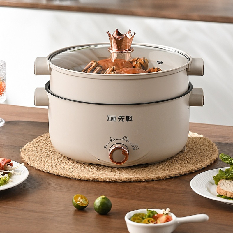 電気ポット中華鍋 3.5L 大容量抗火傷安全アンチスティックコーティング多機能電気フライパンスチームバスケット付き
