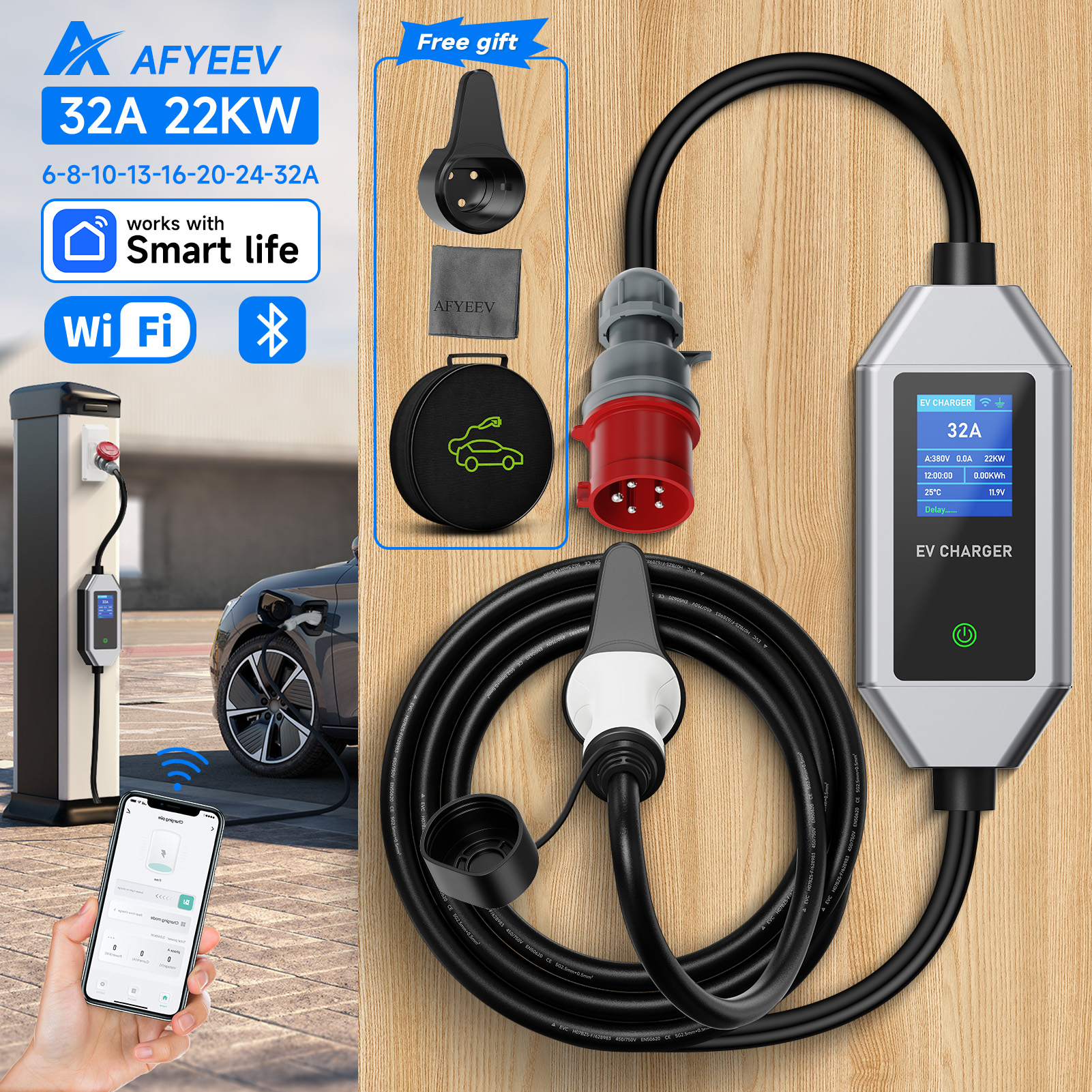 AFYEEV 22KW 32A 3 相 Type2 ポータブル EV 充電器 Wi-Fi アプリ制御 GB/T EVSE 充電ボックス充電ステーション電気自動車用