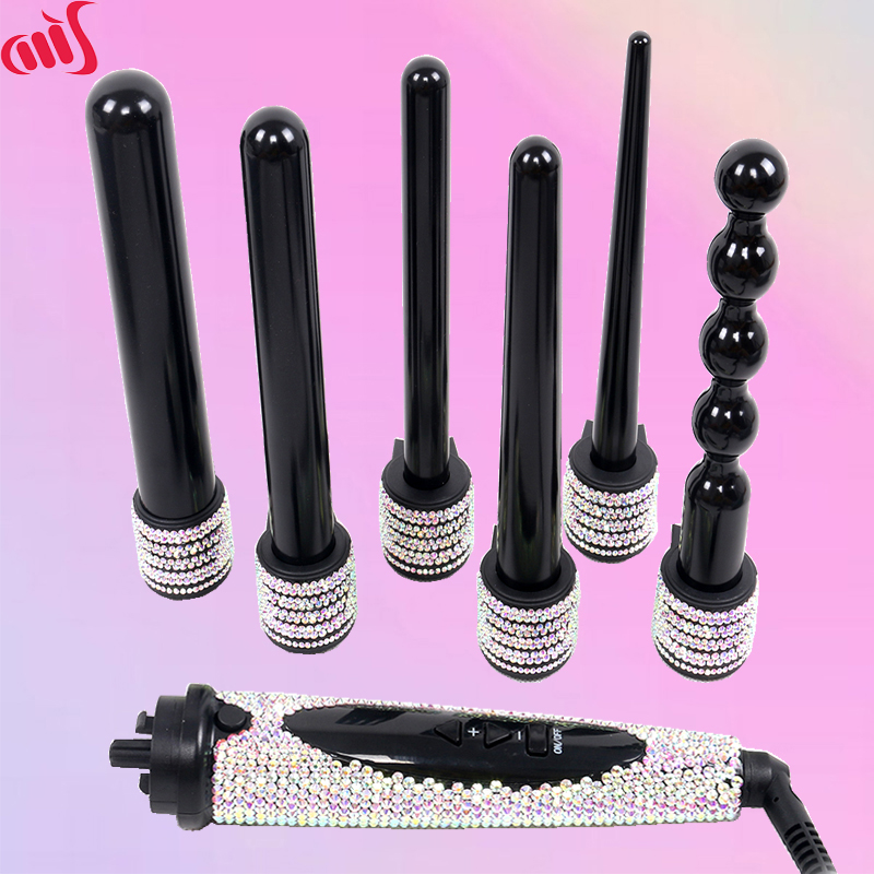 6 in 1 Curling Wand Set 6 En 1 Rizador De Cabello Interchangeable Diamond Hair Curler with Ceramic Barrels & Heat Protective Glo