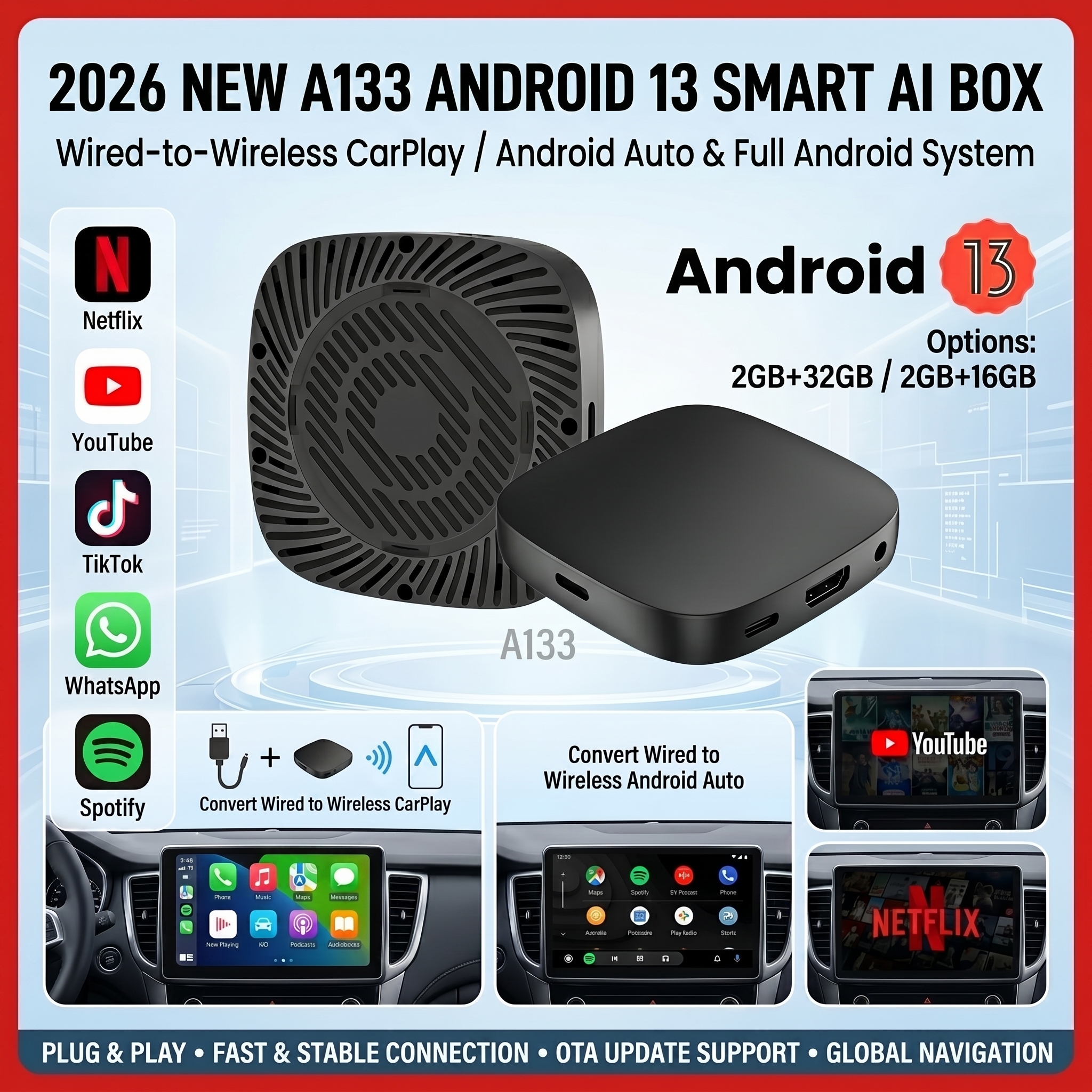 2026 Android13 CarPlay Ai ボックス Kowankit ワイヤレス Android オート 3 in 1 USB アダプター プラグ