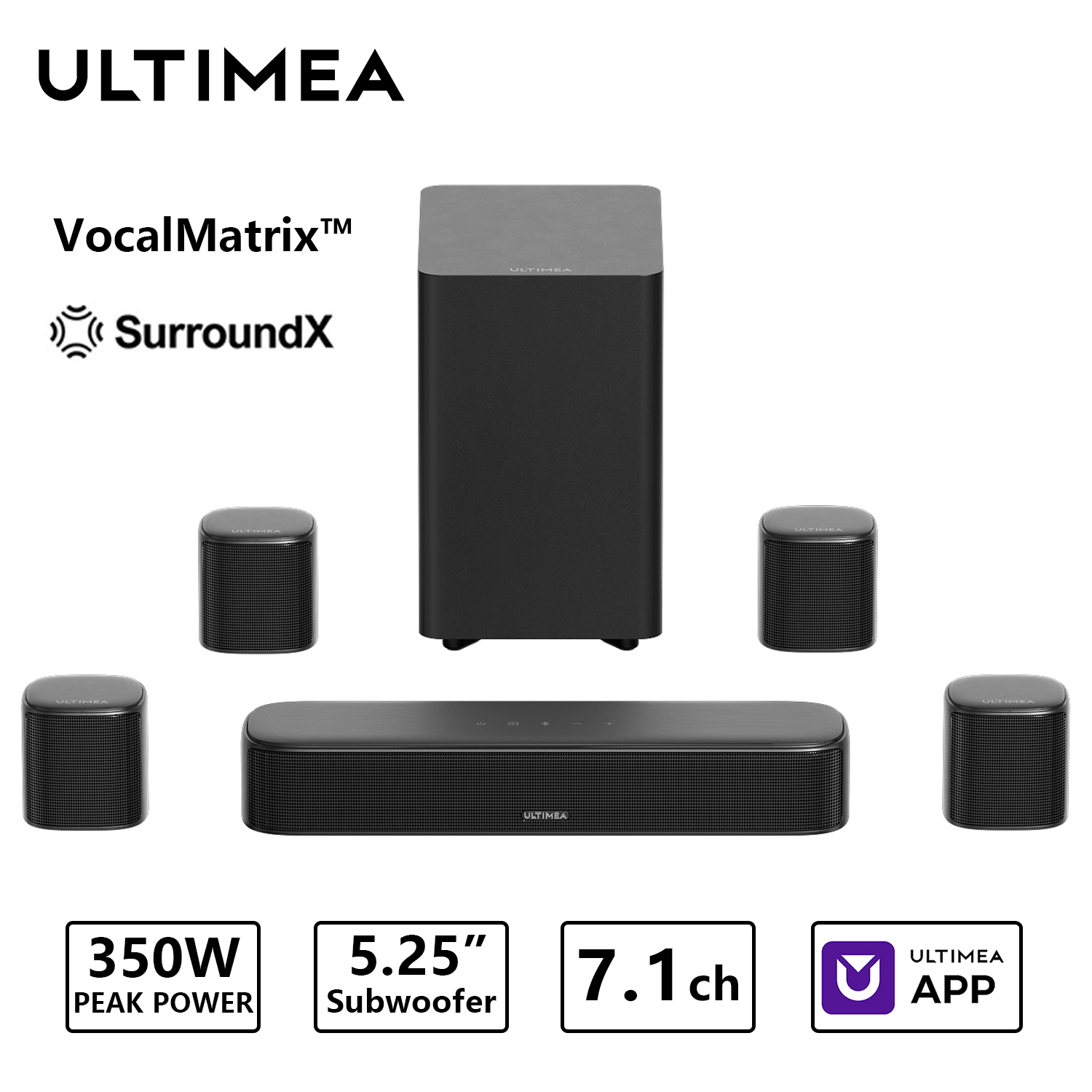 ULTIMEA 350W 7.1ch バーチャルサラウンドサウンドバー、サブウーファー付きホームシアターTVサウンドバー