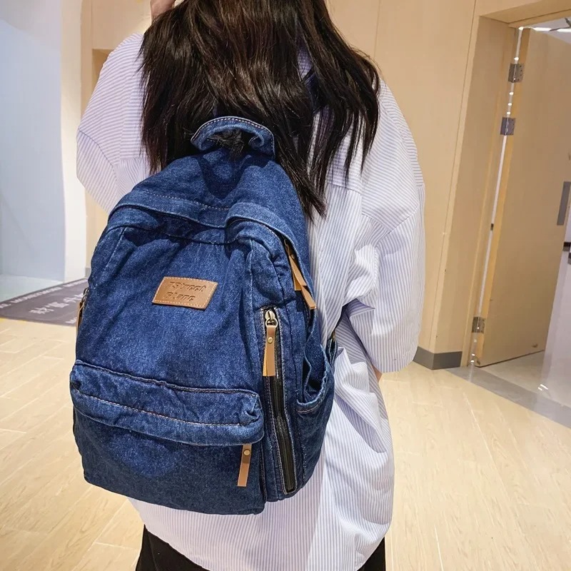 デニムバックパックバッグ学校トレンド学生ジーンズマルチポケット大容量リュックサック Mochila De Escola Feminina 2027