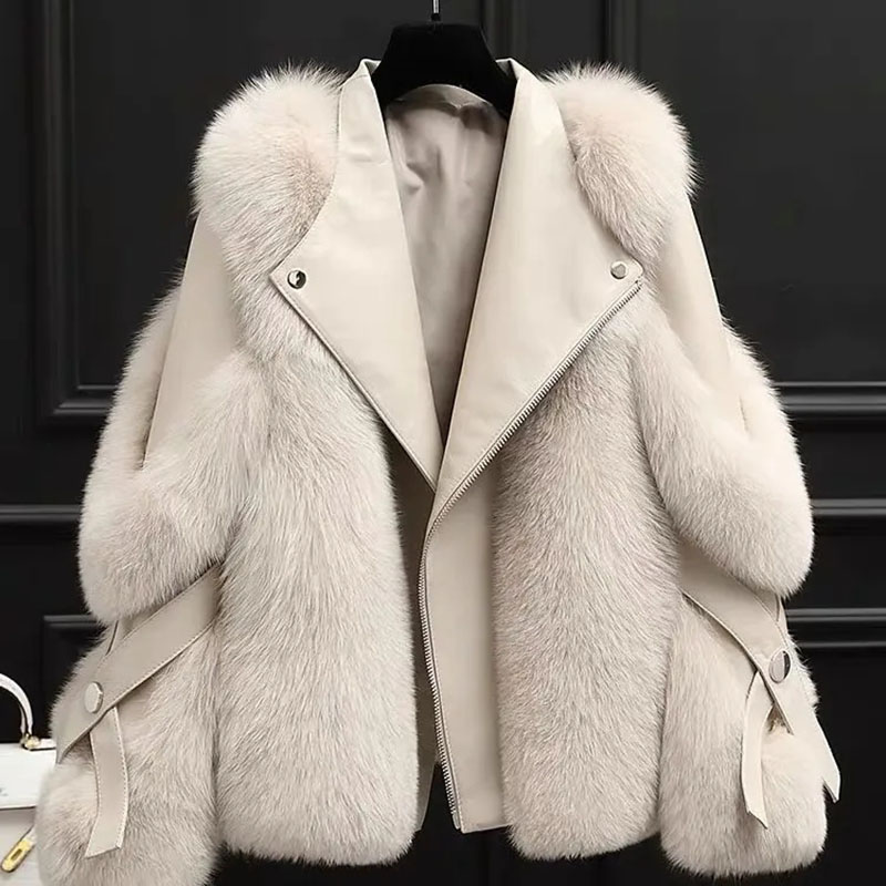新しい女性の毛皮統合オートバイジャケット冬暖かい模造キツネの毛皮のコートファッション雪女性の防寒毛皮の上着