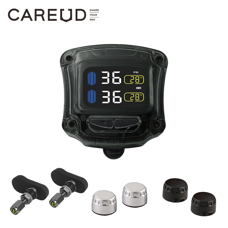 Careud TPMS ワイヤレスオートバイタイヤ空気圧監視システム 2 つの内部/外部センサー LED ディスプレイ USB 充電付き